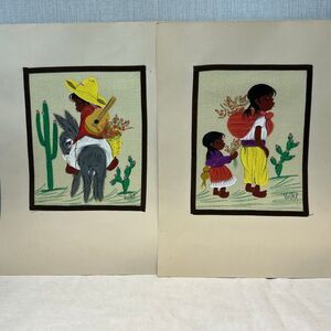 Vtg Mexican Folk Art Painting on Burlap Set 2 Boy Girl Donkey Family Cactus Guit